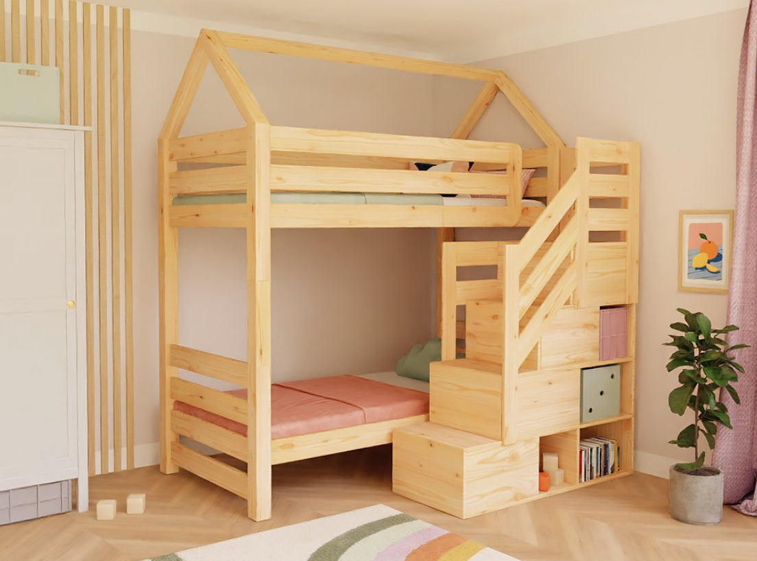 Huisbed Alpy stapelbed - trap voorkant met opbergruimte