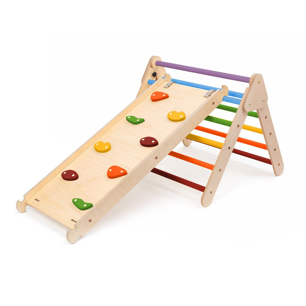 Pikler klimdriehoek, klimkubus met ladder en glijbaan/klimhelling - regenboog
