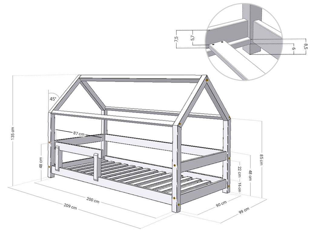 Huisbed Tery - houten kinderbed met bedrand