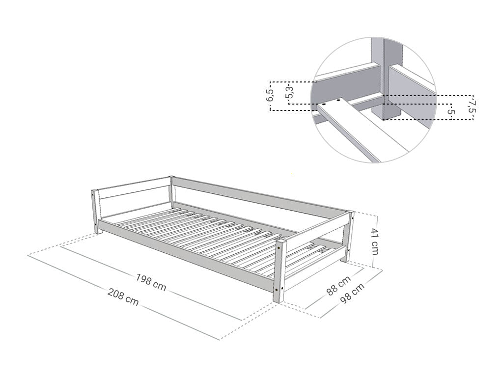 Afmetingen Benlemi LUCKY kinderbed met achterrand 90x200