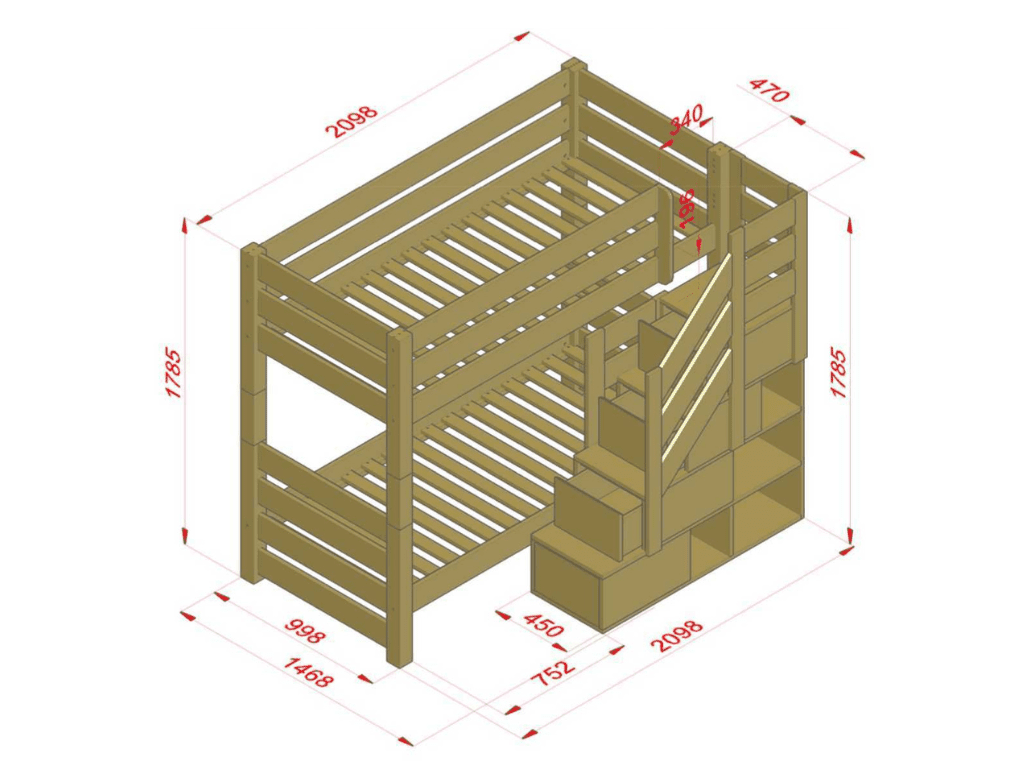 Huisbed Alpy stapelbed - trap voorkant met opbergruimte -