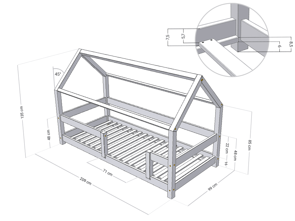 Huisbed Tery - houten kinderbed met dubbele bedrand -