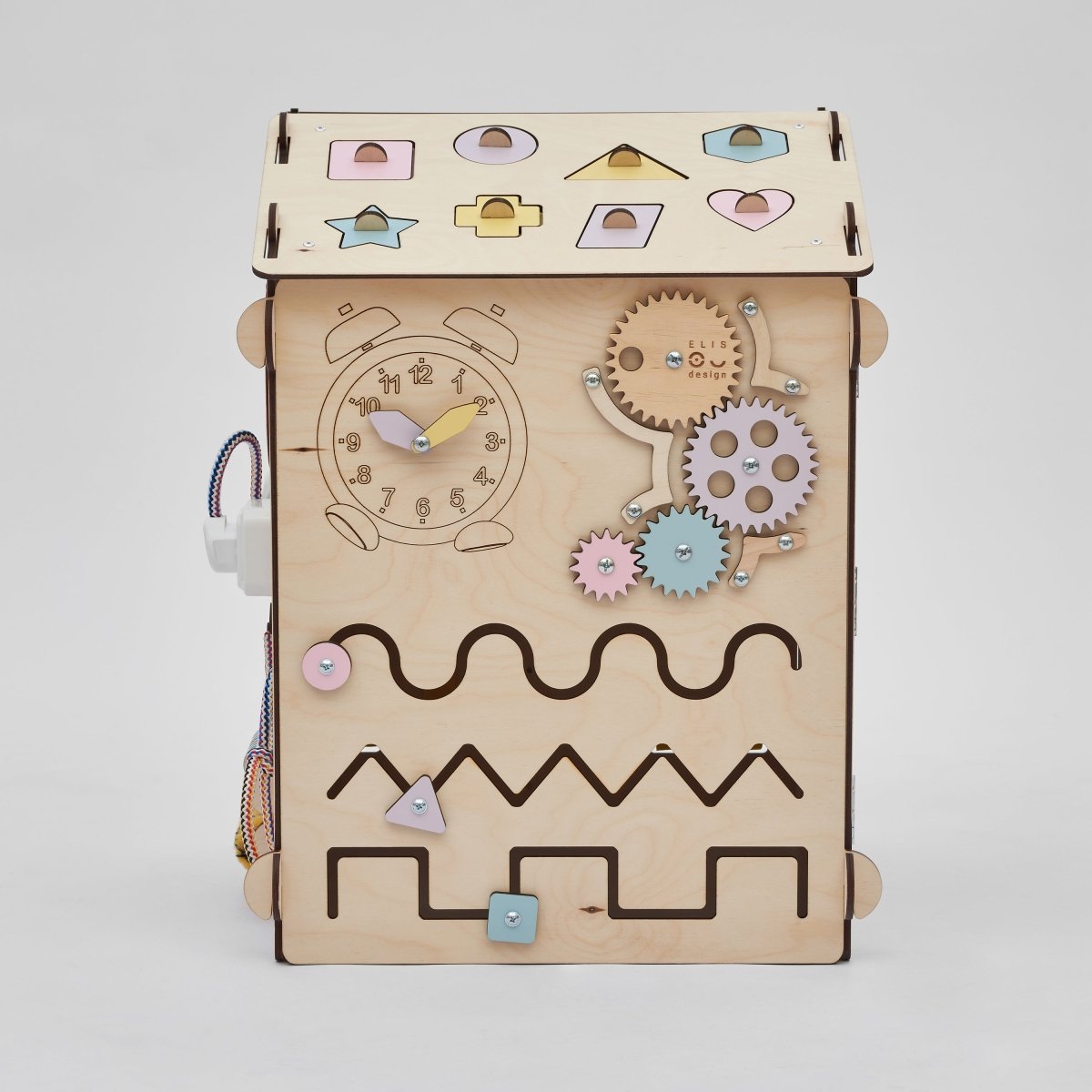 BusyKids set – Busy Board speelhuisje naturel/pastel met creatieve kubus-Speelhuisje set