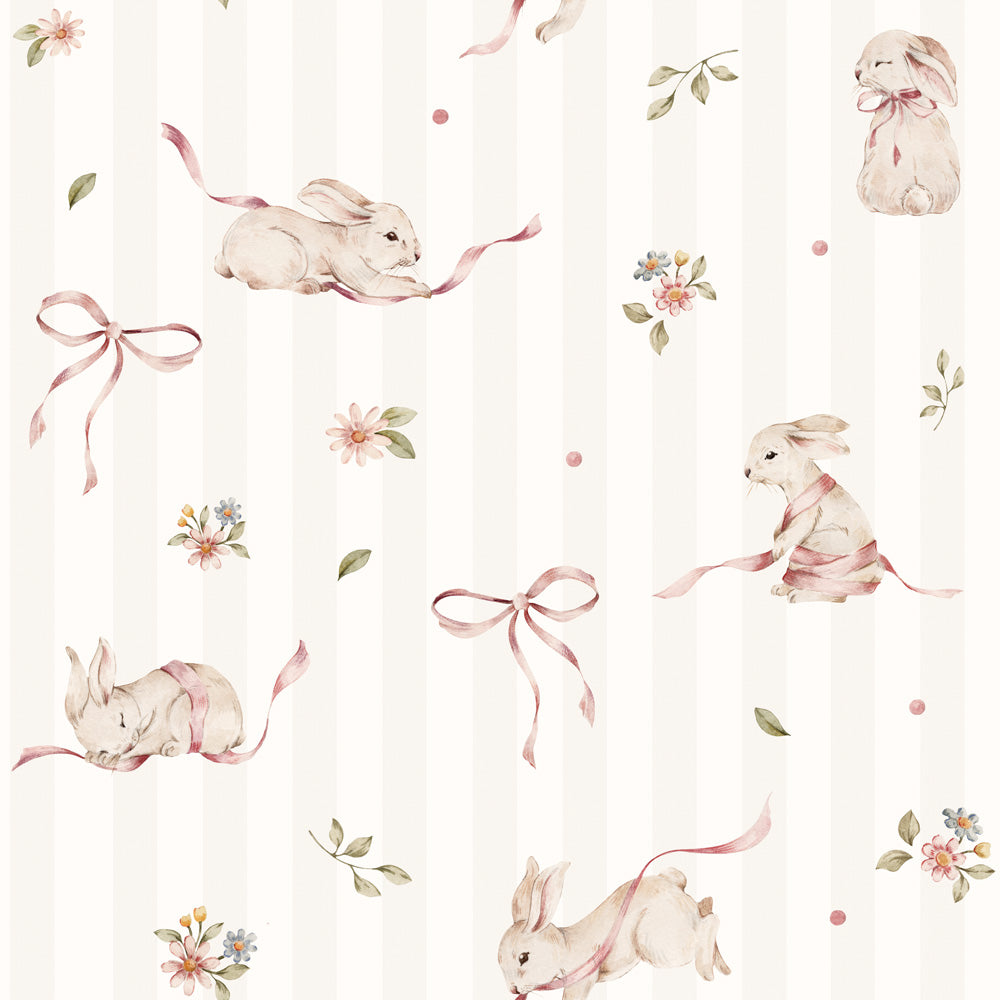 Pink Rabbits On Stripes Wallpaper Sample