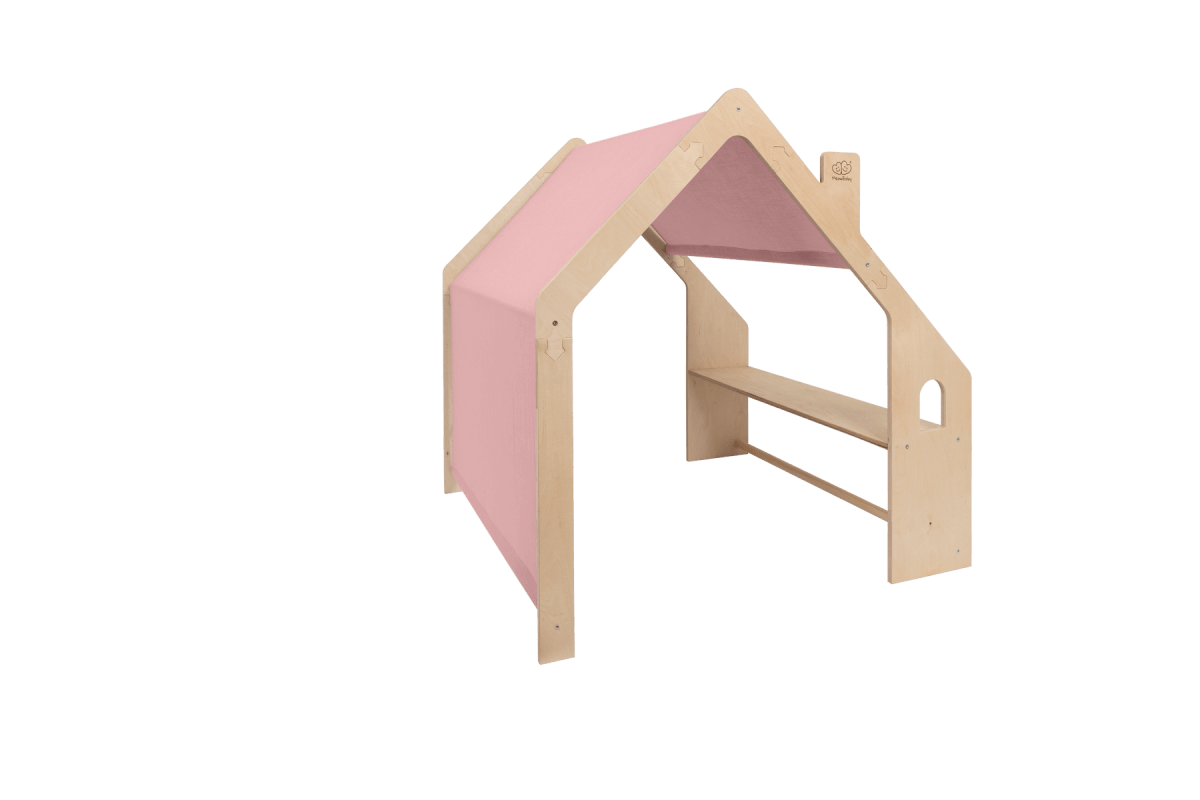houten speelhuisje naturel met roze dak voor kinderkamer