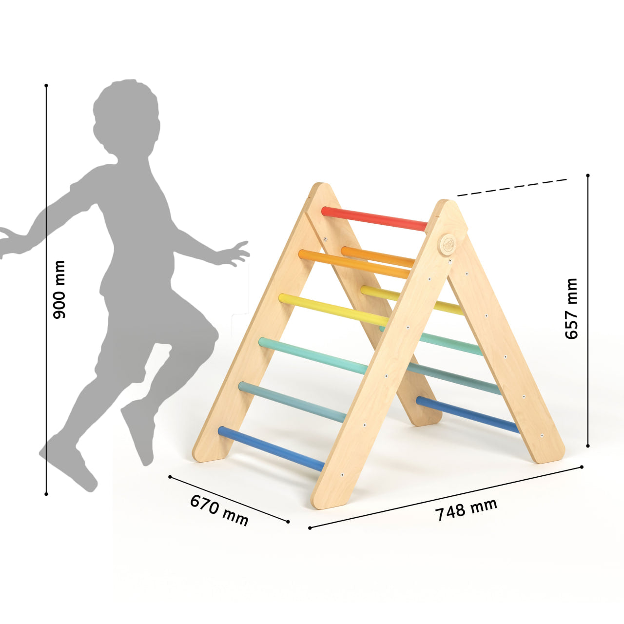 BusyKids Pikler groot set – driehoek, 2 planken & balanswip – regenboog – productbeeld 9