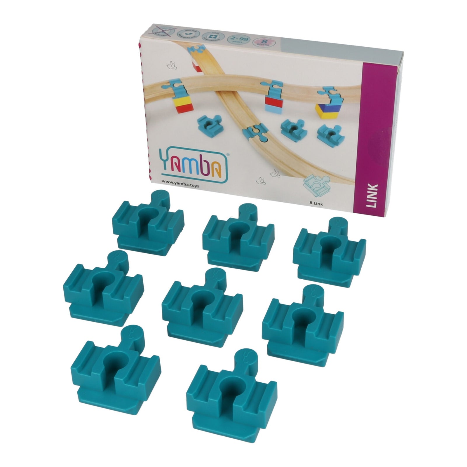 Yamba Link-verpakking met acht blauwe adapters
