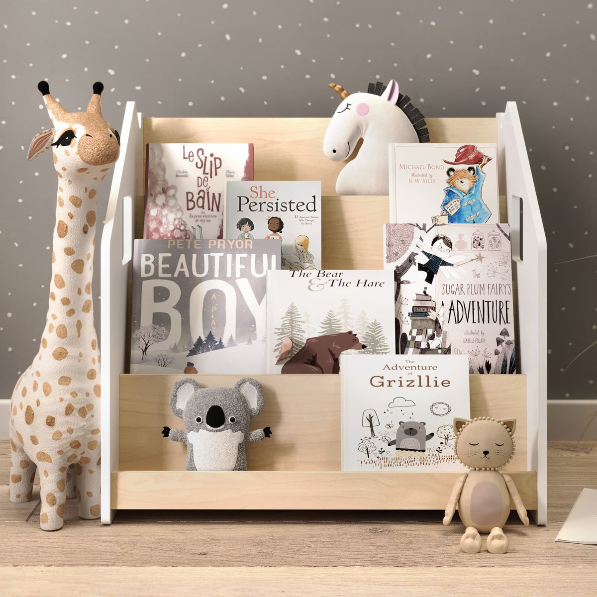 BusyKids Montessori boekenkast – wit en grijs