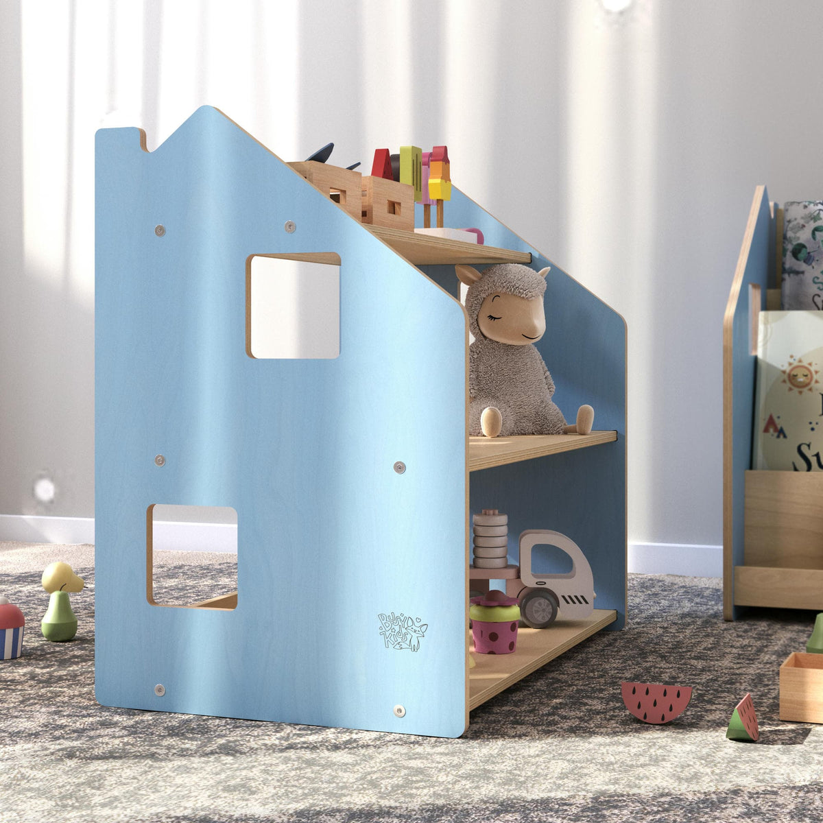 BusyKids boekenkast en speelgoedrek set – zachtblauw/roze