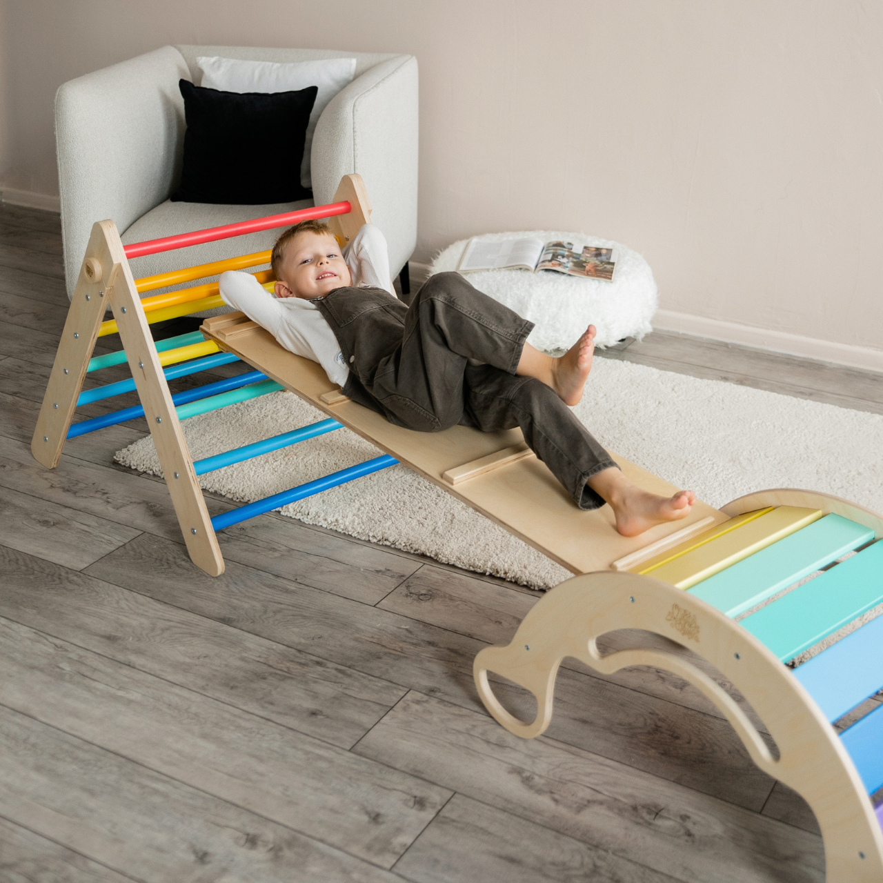 Pikler Triangle + double-sided board + wooden BusyKids Swing set  - colour bright