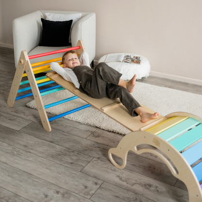 Pikler Triangle + double-sided board + wooden BusyKids Swing set  - colour bright