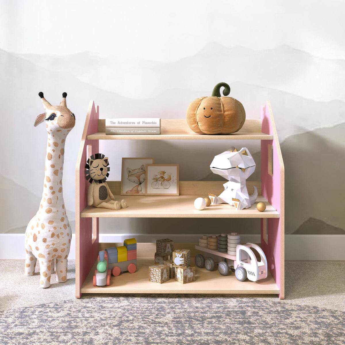 BusyKids boekenkast en speelgoedrek set – zachtblauw/roze
