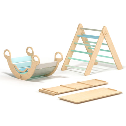 Pikler Triangle + 2 double-sided boards + wooden BusyKids Swing set (large) - Bright colour