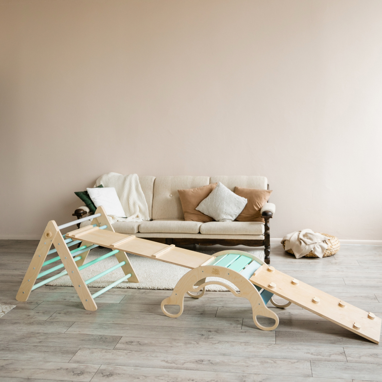 Pikler Triangle + 2 double-sided boards + wooden BusyKids Swing set (large) - Bright colour