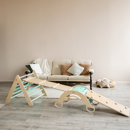 Pikler Triangle + 2 double-sided boards + wooden BusyKids Swing set (large) - Bright colour