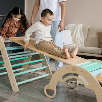 Pikler Triangle + double-sided board + wooden BusyKids Swing set  - colour bright