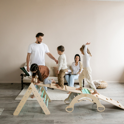 Pikler Triangle + 2 double-sided boards + wooden BusyKids Swing set (large) - Bright colour