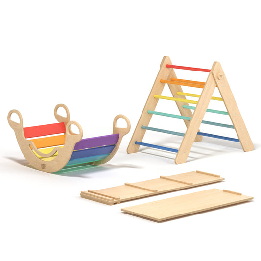 Pikler Triangle + 2 double-sided boards + wooden BusyKids Swing set (large) - Bright colour