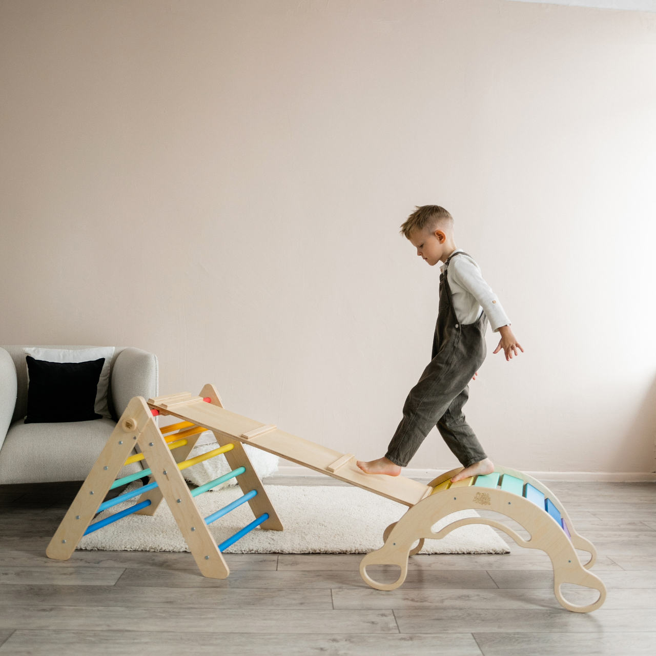 Pikler Triangle + double-sided board + wooden BusyKids Swing set  - colour bright