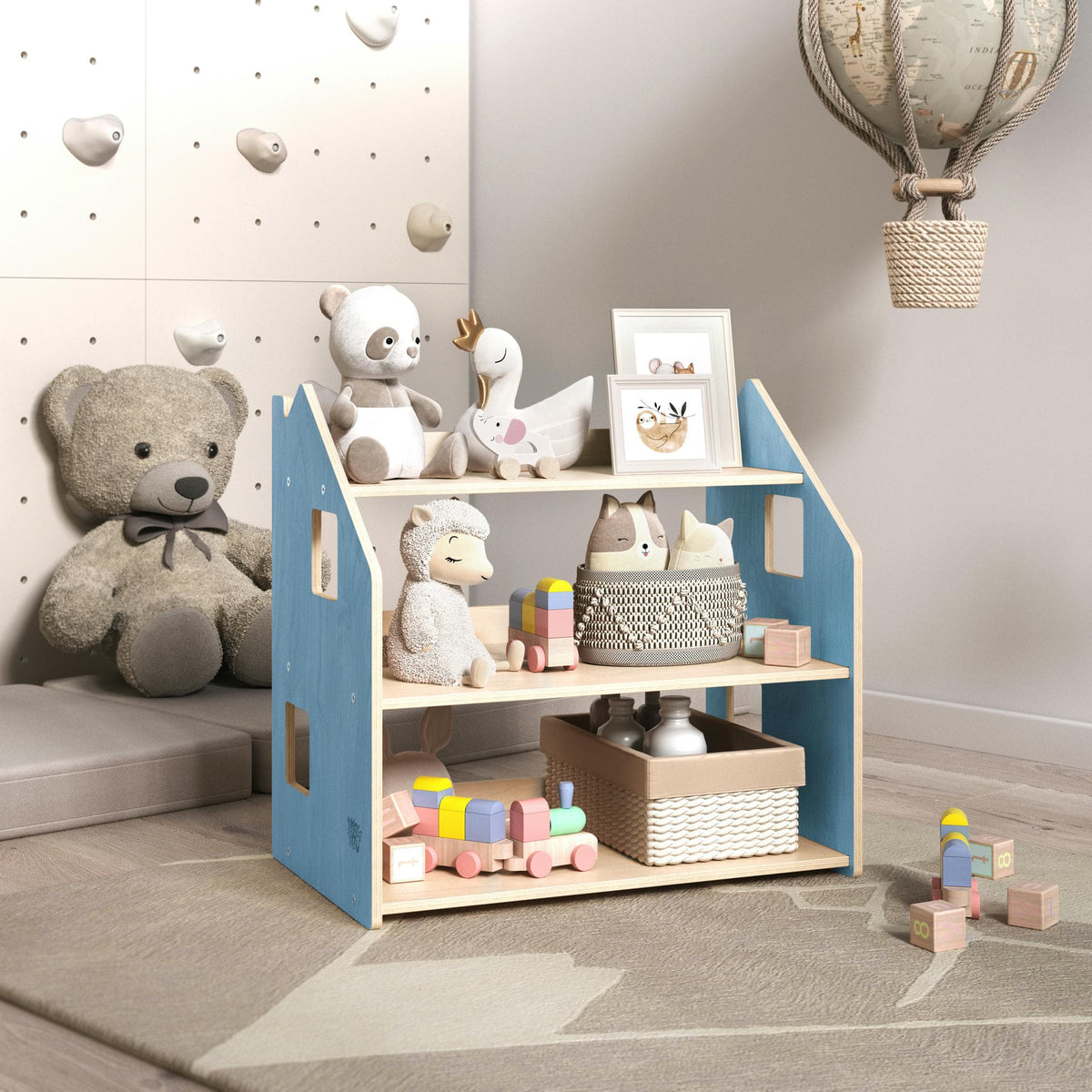 BusyKids boekenkast en speelgoedrek set – zachtblauw/roze