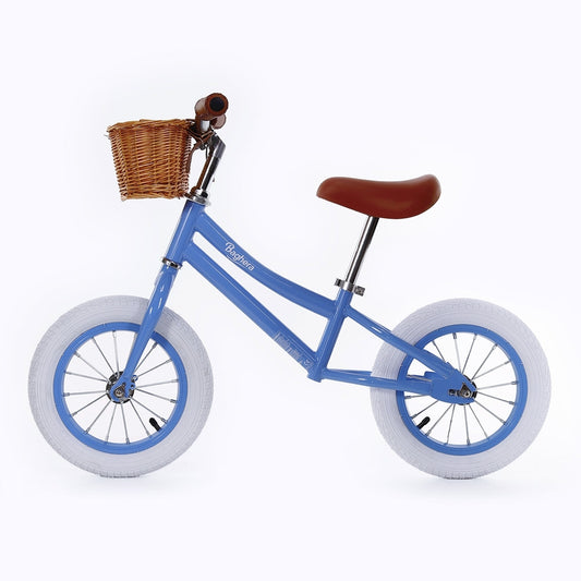Vintage Laufrad blau mit Weidenkorb