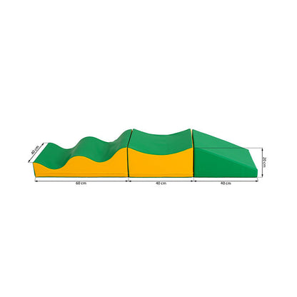 A diagram of a green and yellow Soft Play Set - Wave Venture slide for IGLU Soft Play.