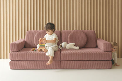 Shappy Speelbank Pure Corduroy in Rose in de woonkamer