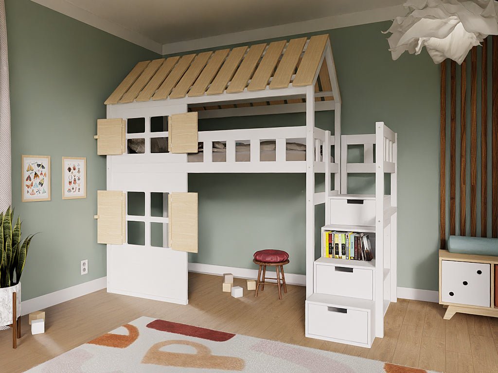 Benlemi COTTAGE verhoogd bed 90x200 met volledig dak en opbergtrap