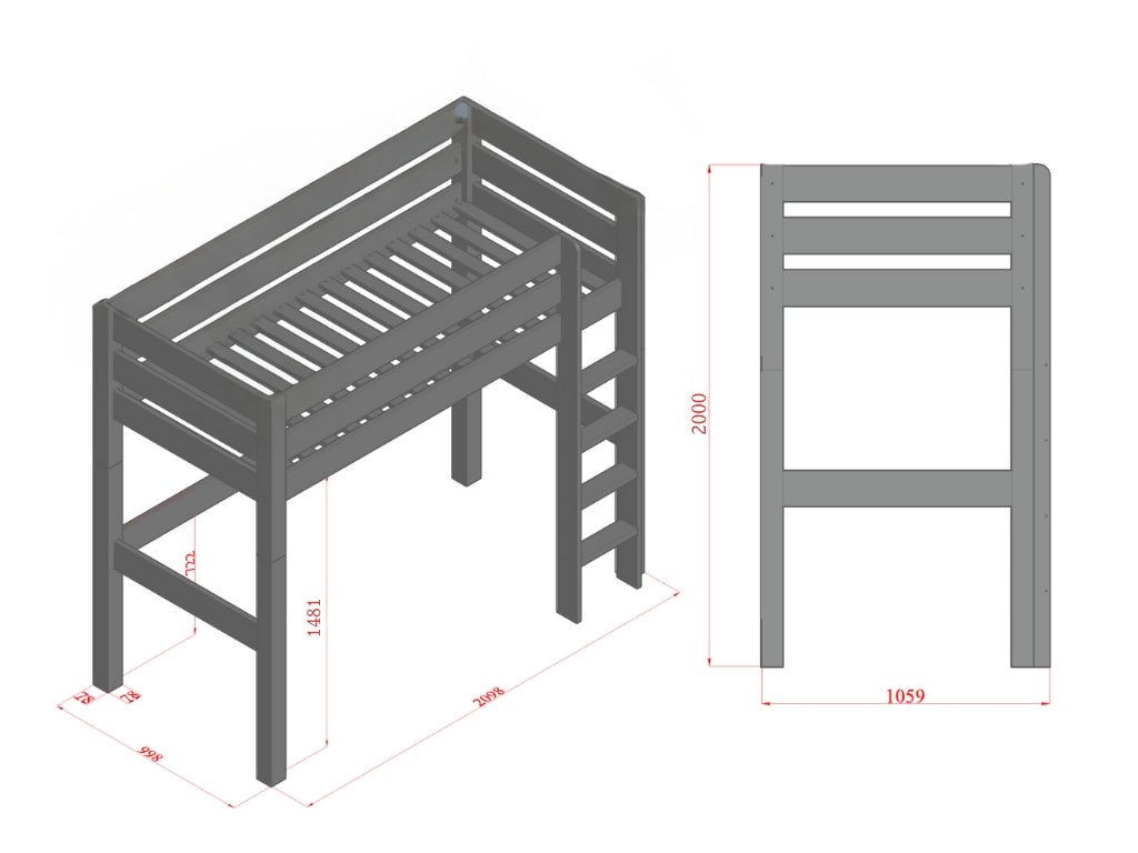 Afmetingen Benlemi MAKALU hoogslaper 90 × 200 cm