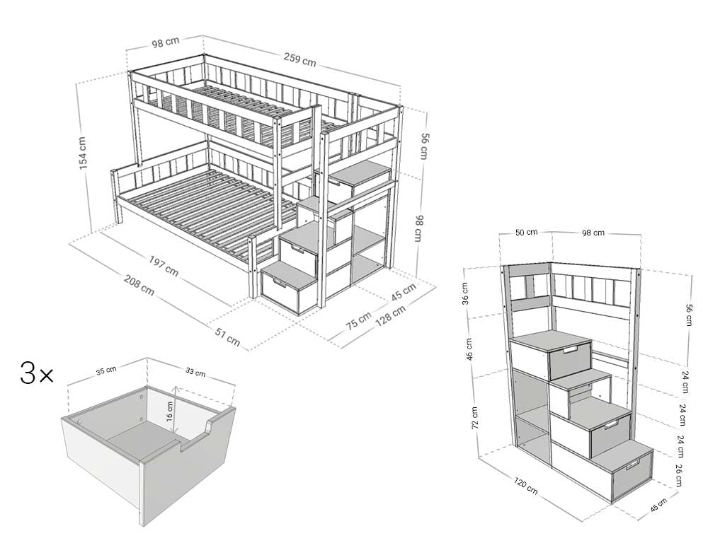Benlemi Stapelbed PLOTTY — 90×200 / 120×200 met opbergtrap maattekening