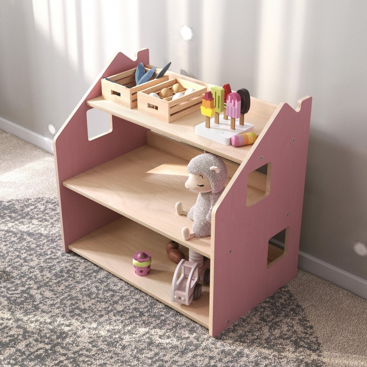 BusyKids boekenkast en speelgoedrek set – zachtblauw/roze