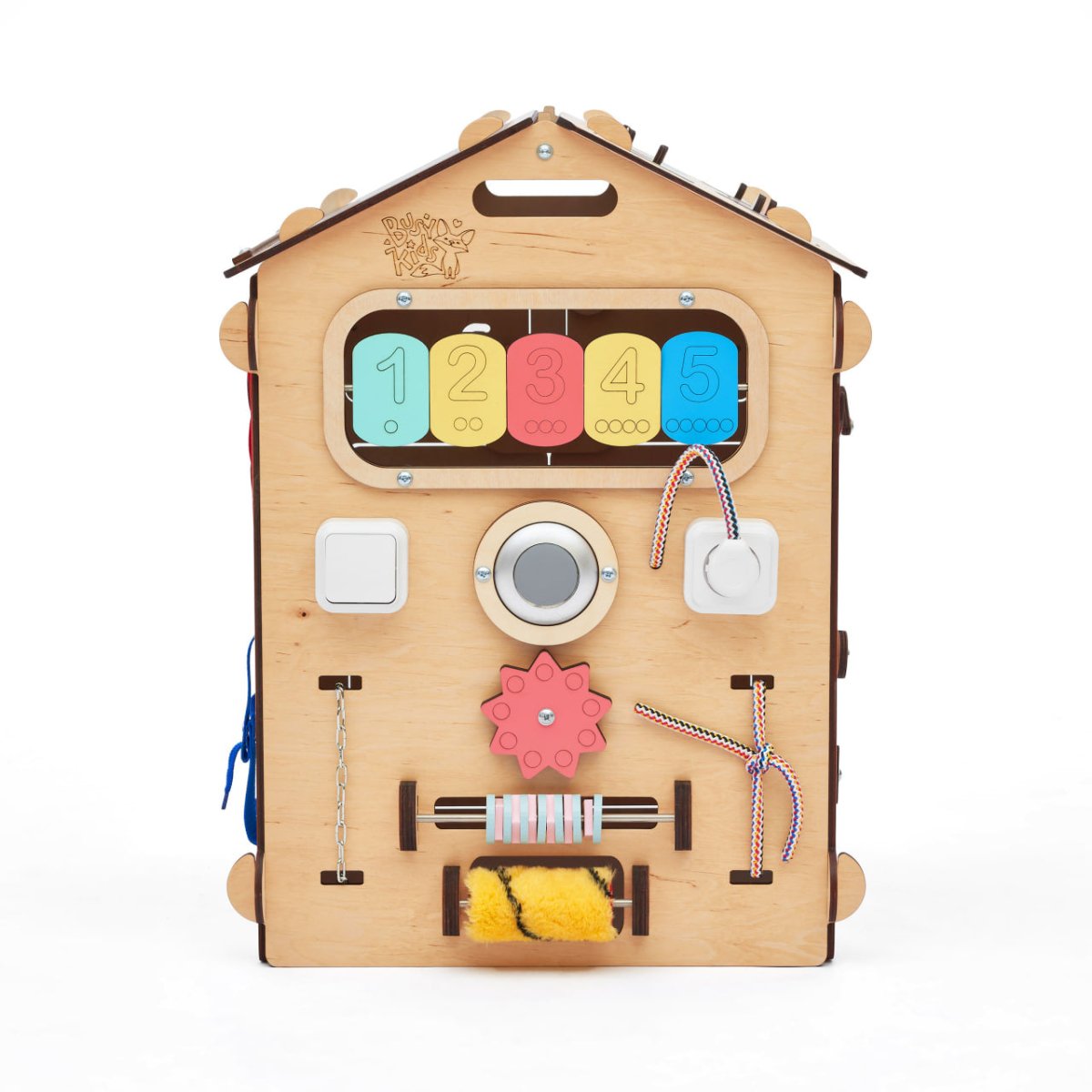 BusyKids set – Busy Board speelhuisje naturel met creatieve kubus-Speelhuisje set