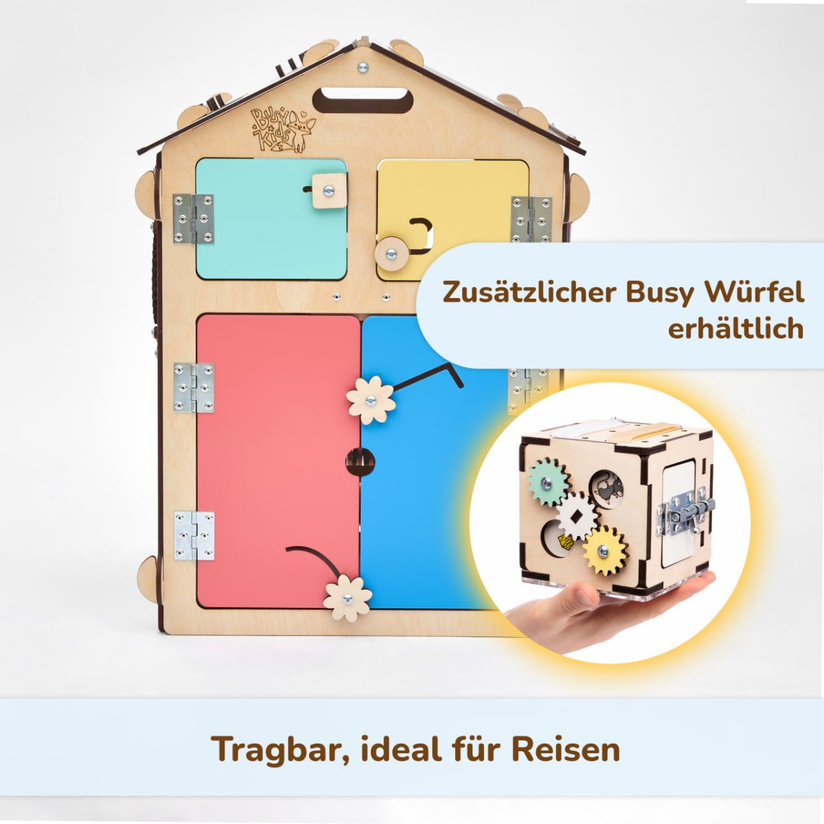 BusyKids set – Busy Board speelhuisje naturel met creatieve kubus-Speelhuisje set