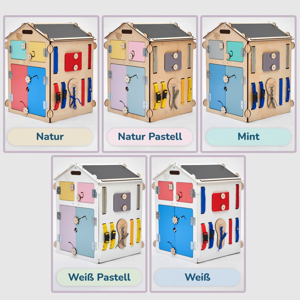 BusyKids set – Busy Board speelhuisje naturel/pastel met creatieve kubus-Speelhuisje set