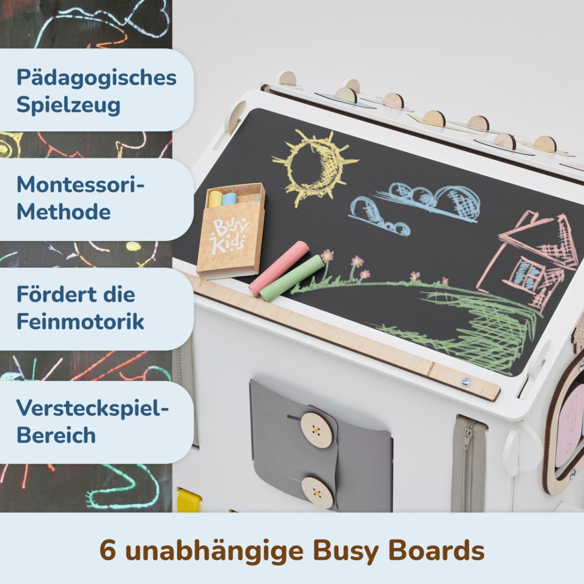 BusyKids set – Busy Board speelhuisje wit/pastel met creatieve kubus-Speelhuisje set
