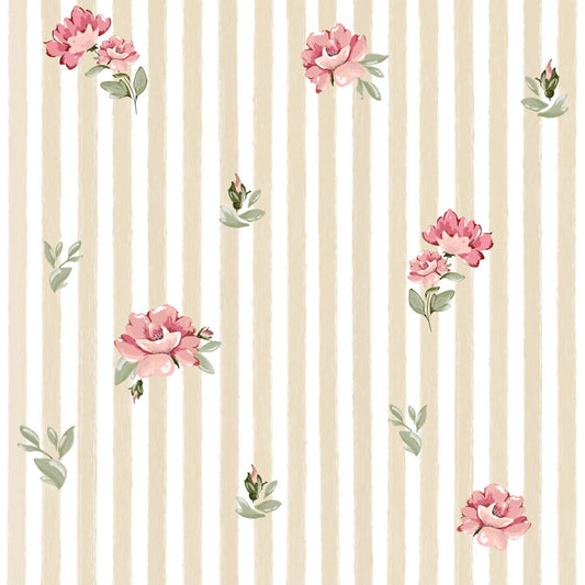 Dekornik Pink roses on stripes kinderbehang