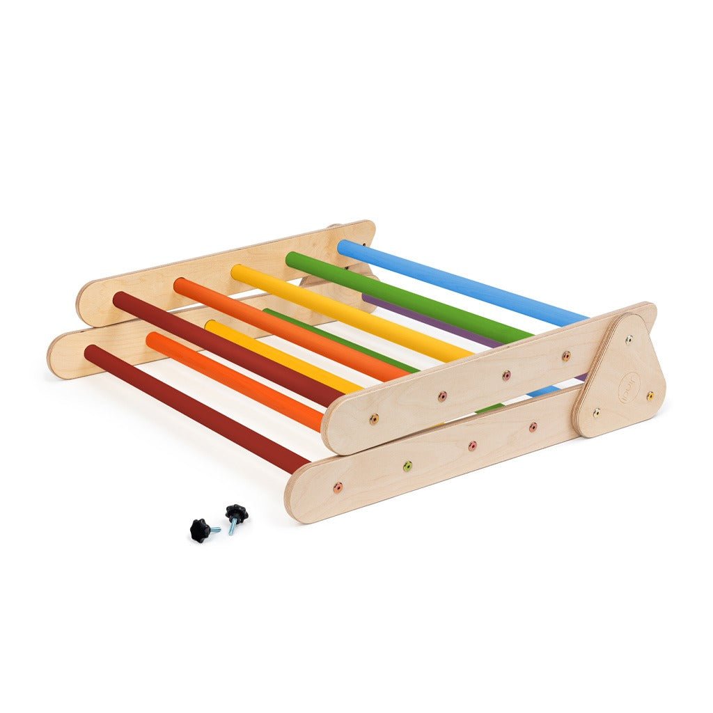 Pikler klimdriehoek, klimkubus met ladder en glijbaan/klimhelling - regenboog - 