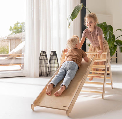 Pikler klimdriehoek premium met glijbaan/klimhelling - naturel - 