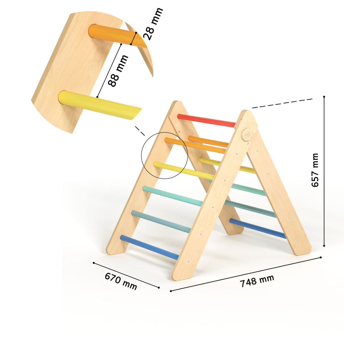 BusyKids Pikler groot set – driehoek, 2 planken &amp; balanswip – regenboog – productbeeld 10