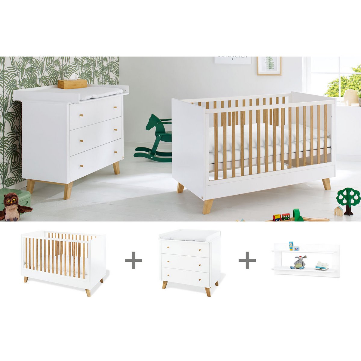 Startset 'Pan' breed, incl. wandplank 3 delen: ledikant, brede commode, wandplank - 
