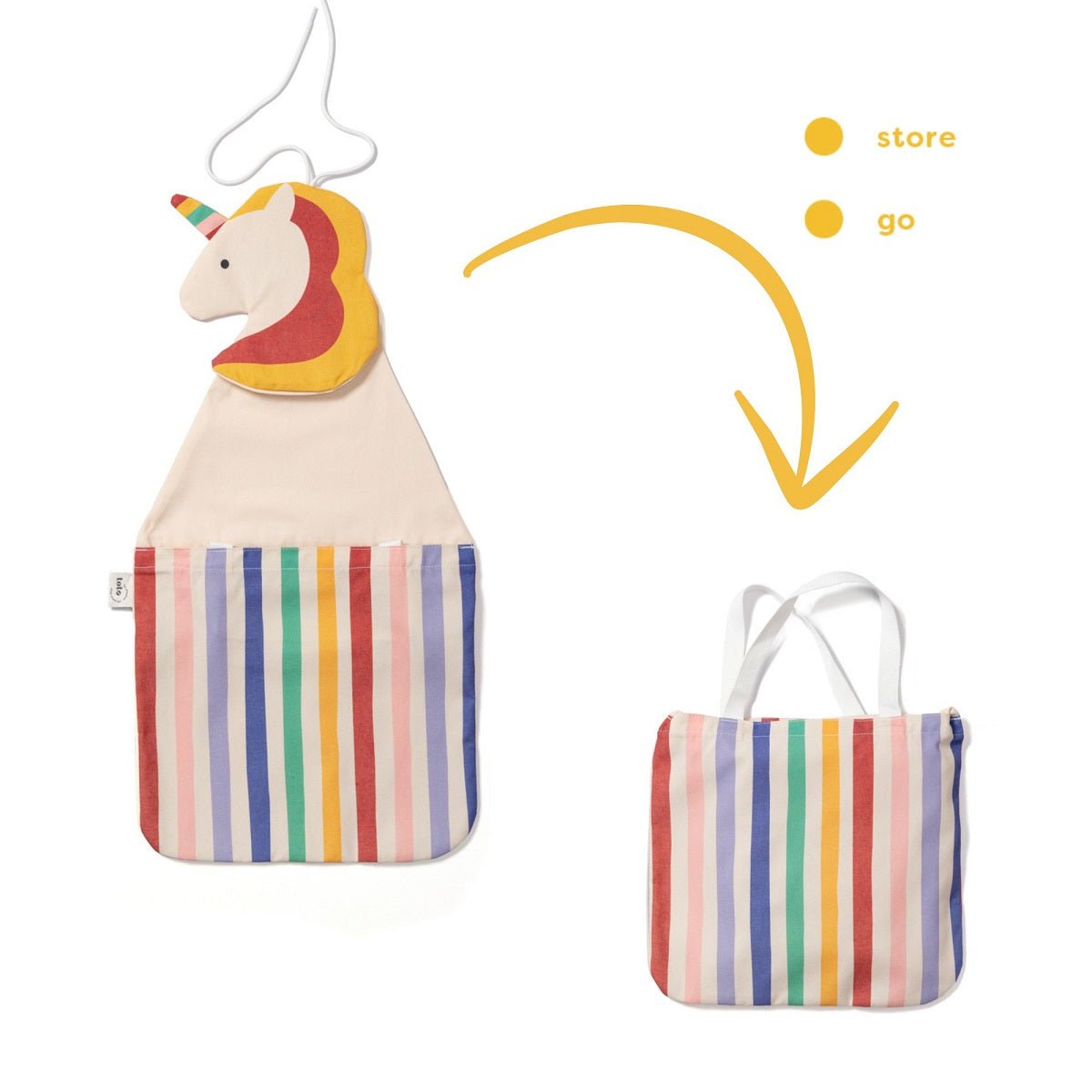 Play&amp;Go Toto Unicorn als wandopberger en gestreepte draagtas