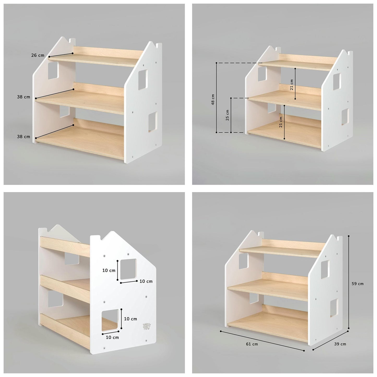 Details en gebruiksmogelijkheden van BusyKids boekenkast en speelgoedrek set – wit en grijs