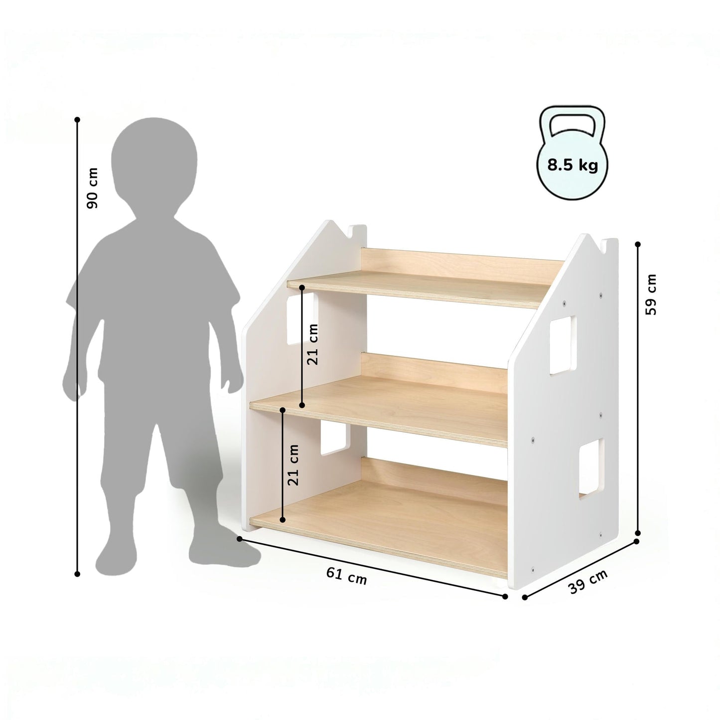 Maatafbeelding van BusyKids speelgoedrek – wit en grijs: 61 × 39 × 59 cm