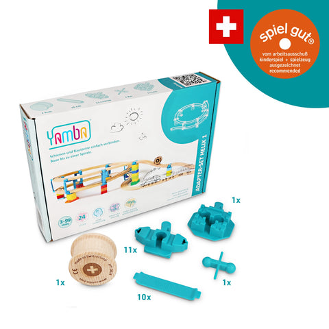 Yamba Helix 1-verpakking met blauwe adapters, Lift-elementen en houten roller