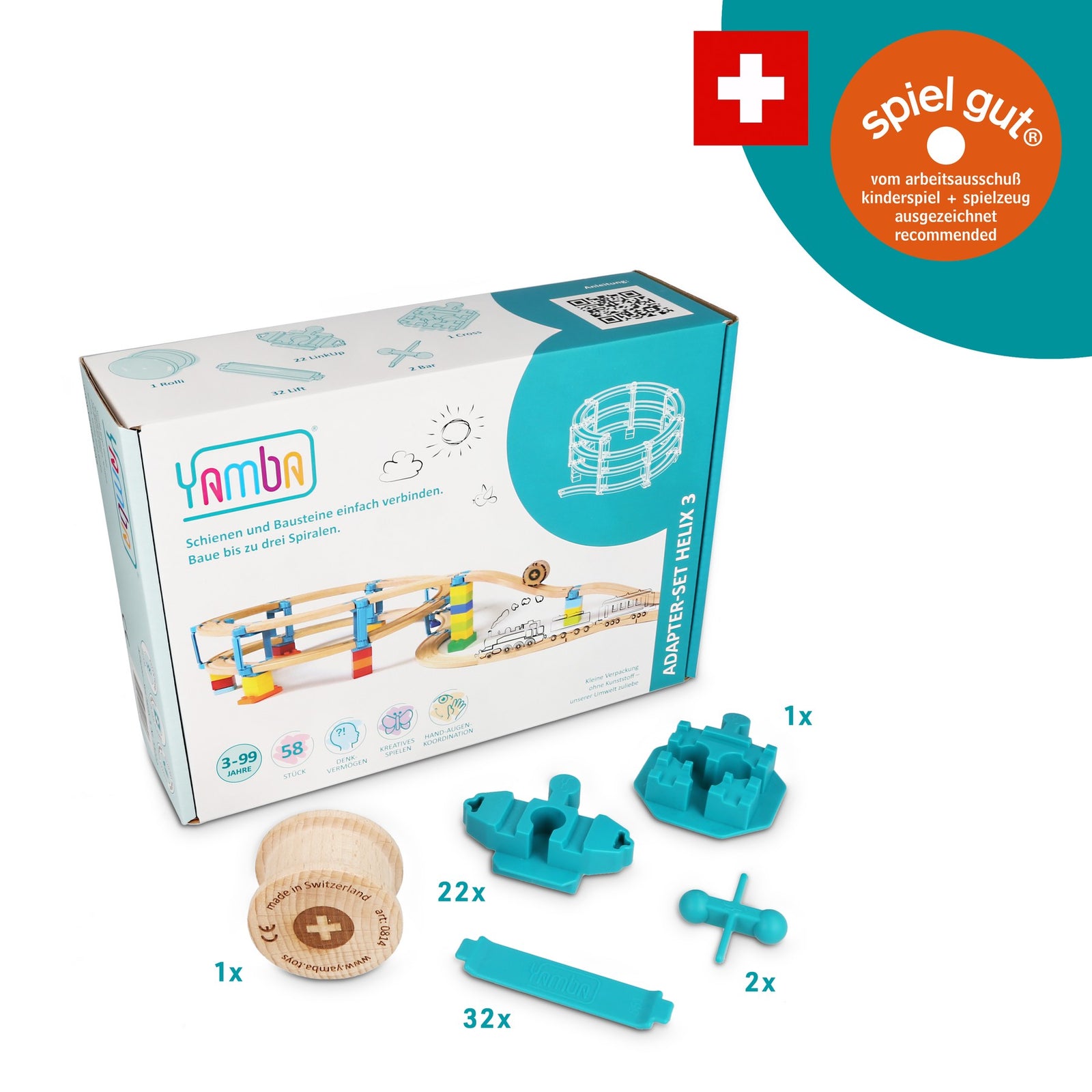Yamba Helix 3-verpakking met blauwe adapters, Lift-elementen en houten roller